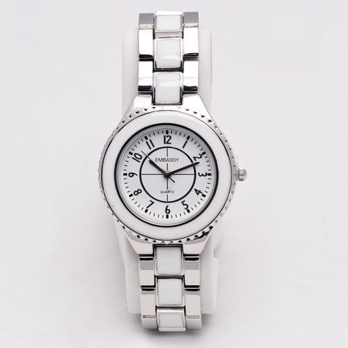 Circular Face Analog Silver And White Band Women's Watch