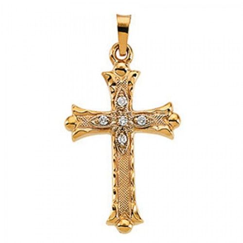 14k Yellow Gold Hollow Botonee Cross Pendant W/ Diamond Accents