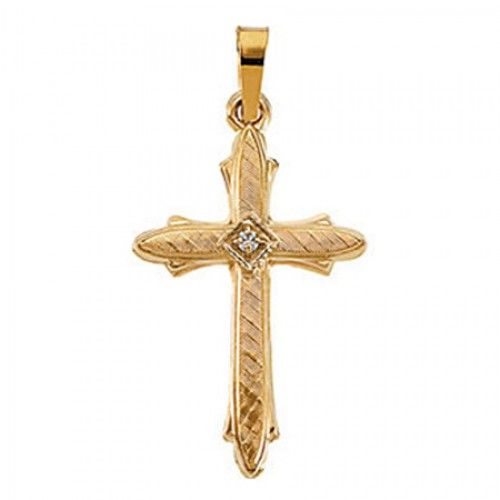 14k Yellow Gold Hollow Decorated Cross Pendant W/ Diamond Accent