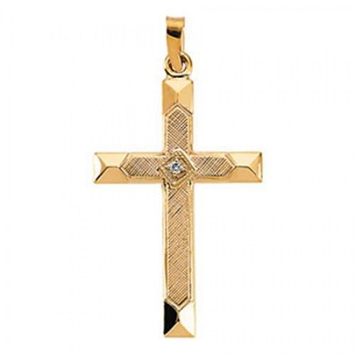 14k Yellow Gold Inside Cross-Hatch Latin Cross Pendant W/ Diamond Accent