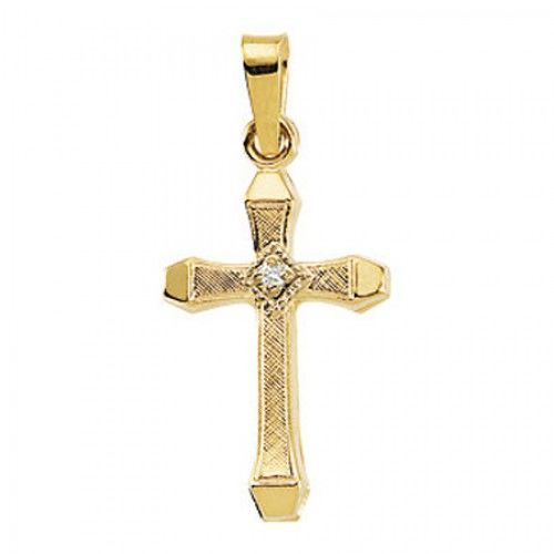 14k Yellow Gold Hollow Cross-Hatch Latin Cross Pendant W/ Diamond Accent