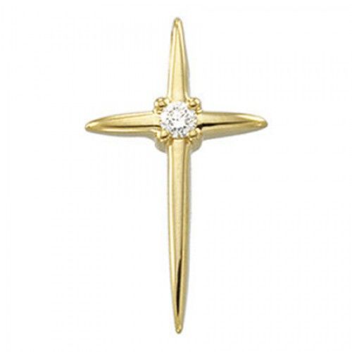 14k Yellow Gold Tapered Edge Latin Cross Pendant W/ Diamond Accent