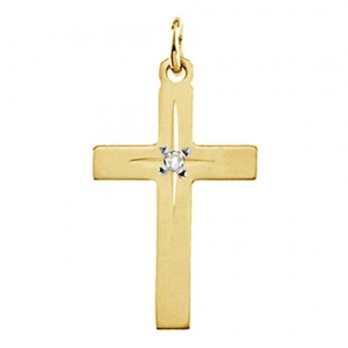 14k Yellow Gold Traditional Edge Latin Cross Pendant W/ Diamond Accent