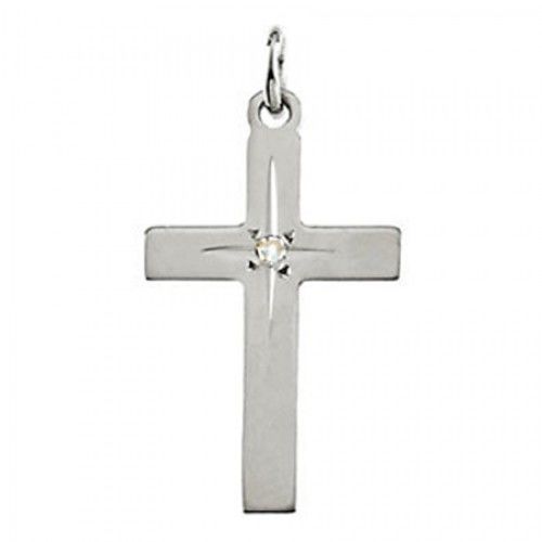 14k White Gold Simple Latin Cross Pendant W/ Diamond Accent
