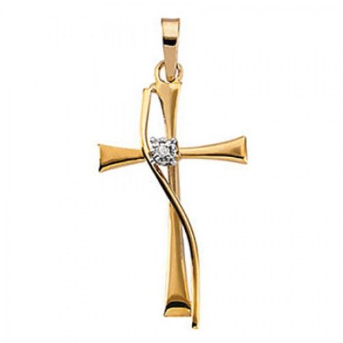 14k Yellow Gold Religious Flourish Latin Cross Diamond Pendant W/ Diamond Accent