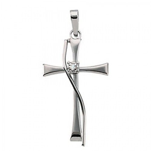 14k White Gold Religious Flourish Latin Cross Diamond Pendant W/ Diamond Accent