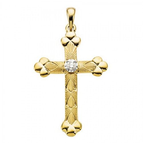 14k Yellow Gold Heraldic Flourish Latin Cross Diamond Pendant W/ Diamond Accent