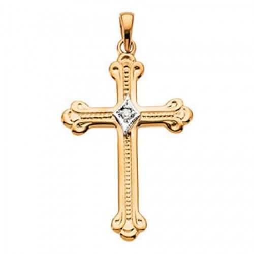 14k Yellow Gold Ornate Botonee Cross Diamond Pendant W/ Diamond Accent