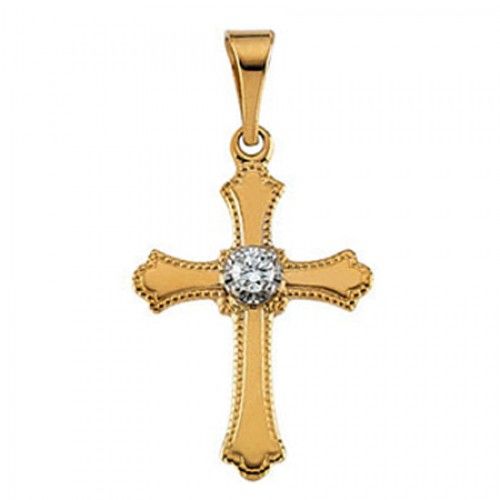 14k Yellow Gold Ornate Cross Diamond Pendant W/ Diamond Accent