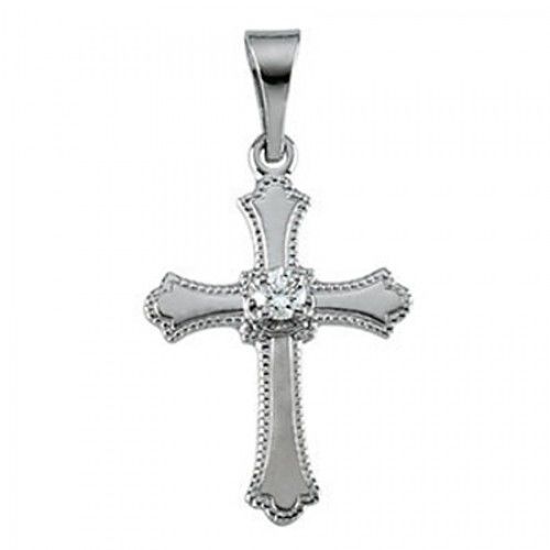 14k White Gold Ornate Cross Diamond Pendant W/ Diamond Accent