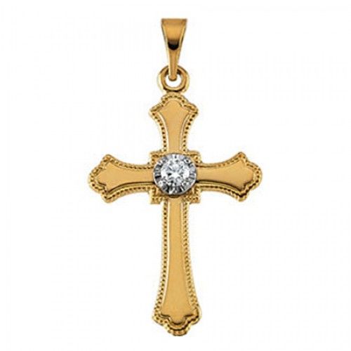 14k Yellow Gold Outlined Cross Diamond Pendant W/ Diamond Accent