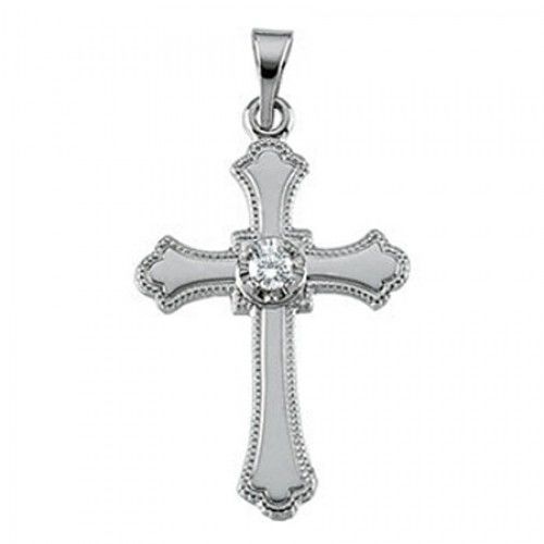 14k White Gold Outlined Cross Diamond Pendant W/ Diamond Accent