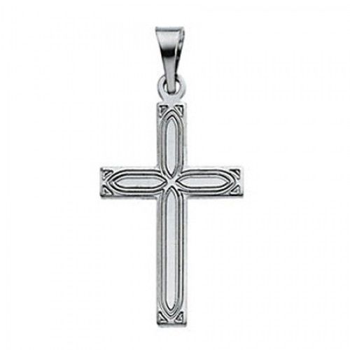 14k White Gold Latin Cross Pendant W/ Decorated Design - 12mm