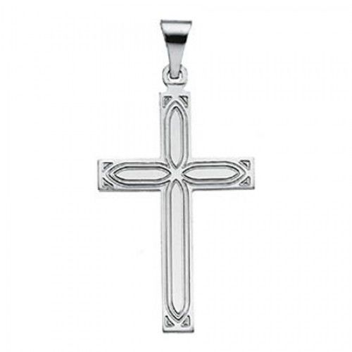 14k White Gold Latin Cross Pendant W/ Design  - 18mm
