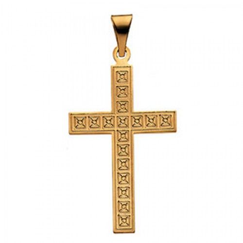 14k Yellow Gold Latin Cross Pendant W/ Religious Design - 18mm