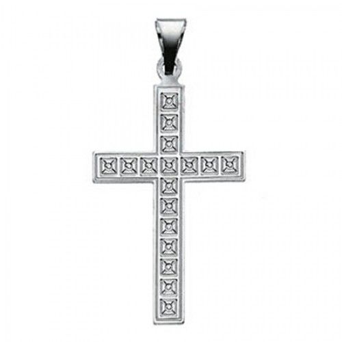 14k White Gold Latin Cross Pendant W/ Religious Design - 18mm