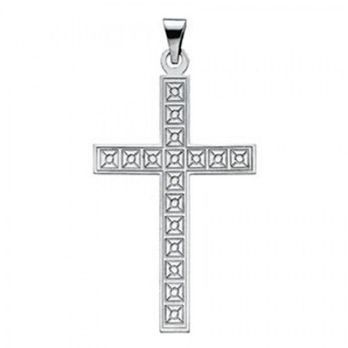 14k White Gold Latin Cross Pendant W/ Designed Design - 25mm