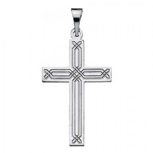14k White Gold Latin Cross Pendant W/ Cross-Road Design  - 14mm