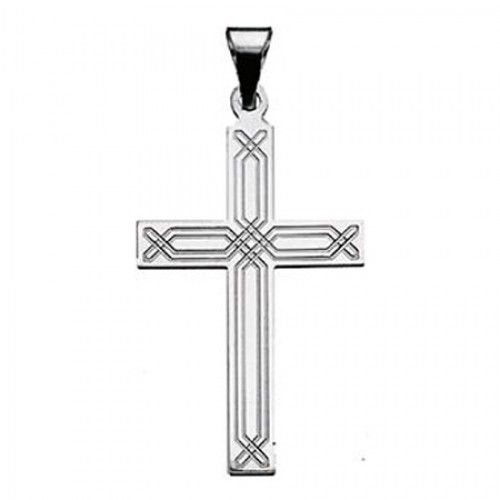 14k White Gold Latin Cross Pendant W/ Cross-Hatch Design - 18mm