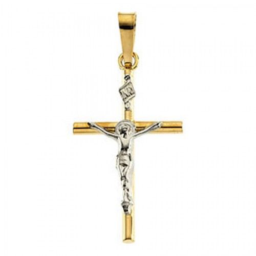 14k White & Yellow Gold Inri Banner Jesus Crucifix Cross Pendant