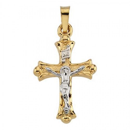 14k White & Yellow Gold Inri Banner Botonee Crucifix Cross Pendant