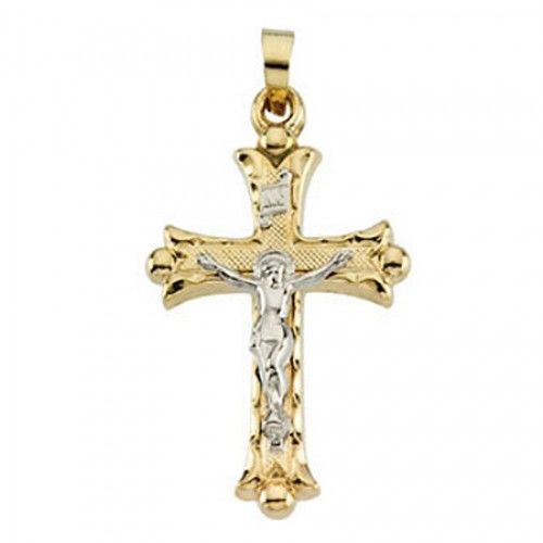 14k White & Yellow Gold Inri Banner Thin Crucifix Cross Pendant