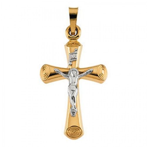 14k Yellow Gold Inri Banner Scroll Crucifix Cross Pendant