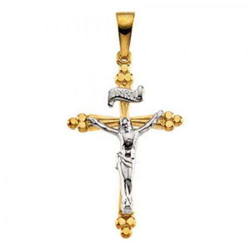 14k White & Yellow Gold Inri Banner Botonee Design Crucifix Cross Pendant