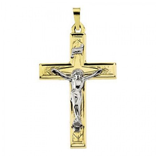 14k White & Yellow Gold Inri Banner Classic Latin Crucifix Cross Pendant