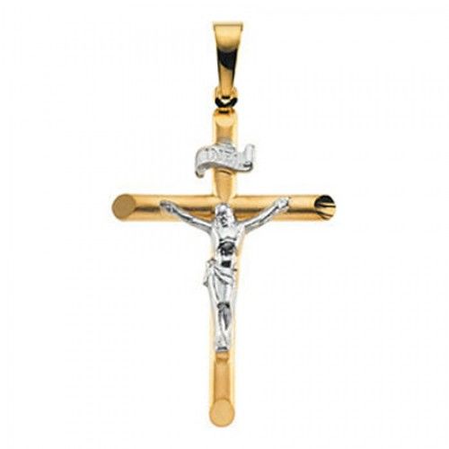 14k White & Yellow Gold Inri Banner Classic Crucifix Cross Pendant
