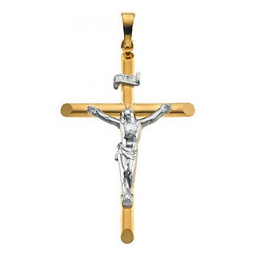 14k White & Yellow Gold Inri Banner Traditional Crucifix Cross Pendant