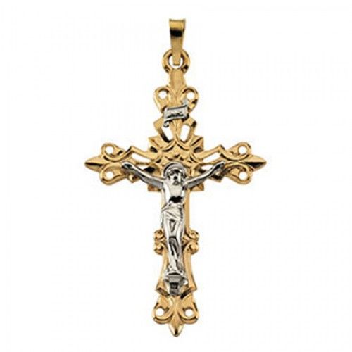 14k White & Yellow Gold Inri Banner Ornate Botonee Crucifix Cross Pendant