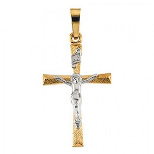 14k White & Yellow Gold Inri Banner Etched Crucifix Cross Pendant
