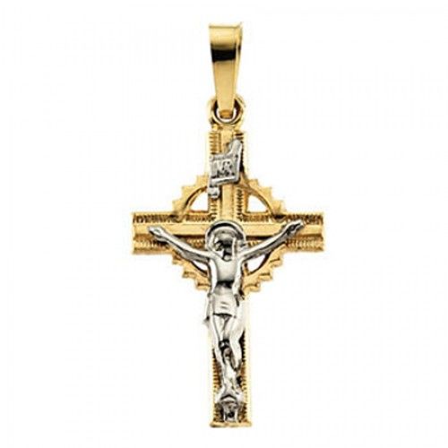 14k White & Yellow Gold Inri Banner Celtic Crucifix Cross Pendant
