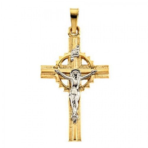 14k White & Yellow Gold Inri Banner Celtic Design Crucifix Cross Pendant