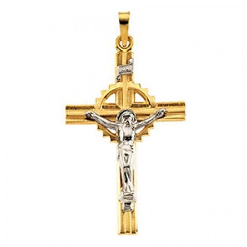 14k White & Yellow Gold Inri Banner Celtic Circle Crucifix Cross Pendant