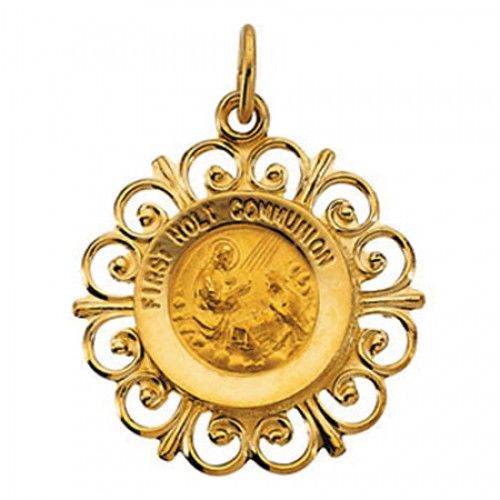 14k Yellow Gold First Communion Religious Medal - 18.5mm