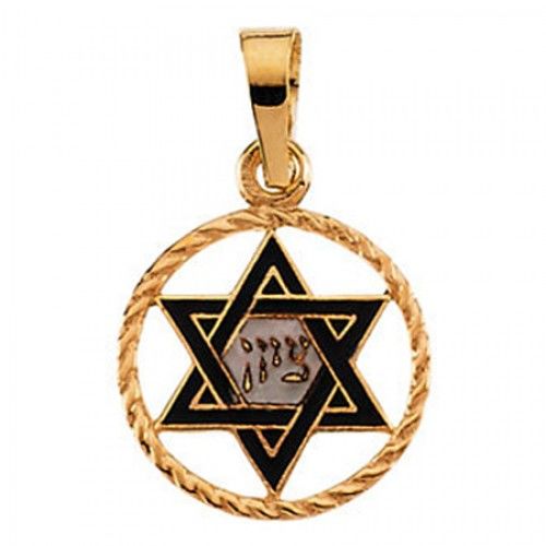 14k Yellow Gold Star of David Religious Medal W/ Black Outline