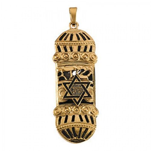 14k Yellow Gold Mezuzah Religious Medal W/ Black Trim Shema