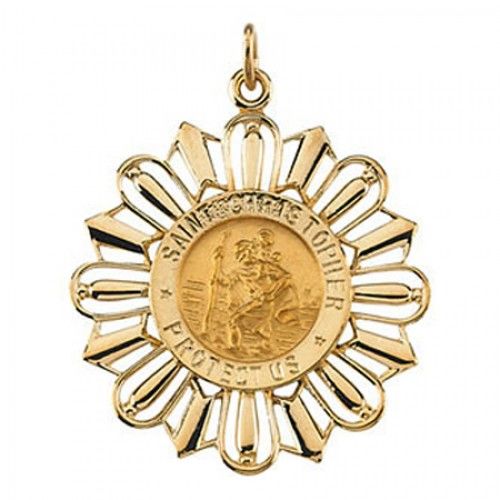 14k Yellow Gold St. Christopher Saint Medal Patron Saint of Travelers W/ Sunray
