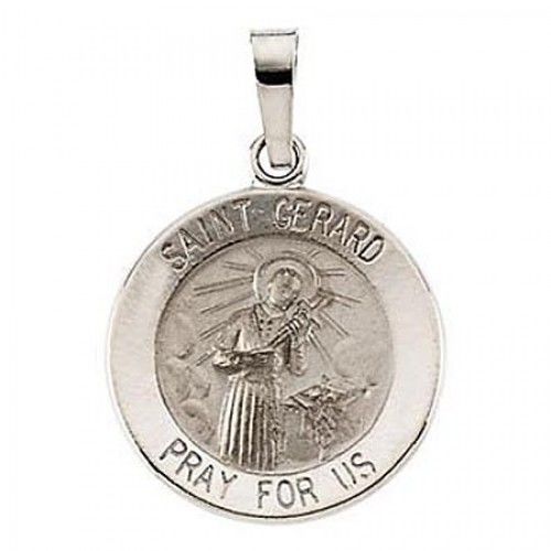 14k White Gold Round St.Gerard Religious Pendant Patron Saint of Motherhood
