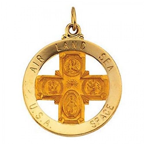 14k Yellow Gold Round St. Christopher Religious Pendant Air, Land, Sea, Space