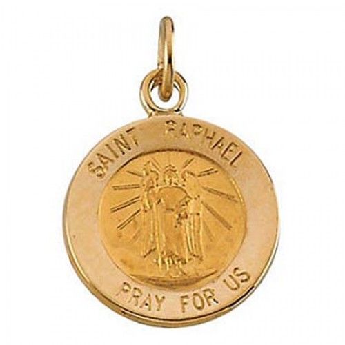 14k Yellow Gold ""Pray For Us"" Saint of the Blind St. Raphael Religious Pendant