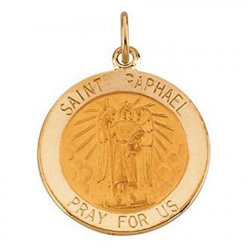 14k Yellow Gold ""Pray For Us"" Saint of Lovers St. Raphael Saint Pendant
