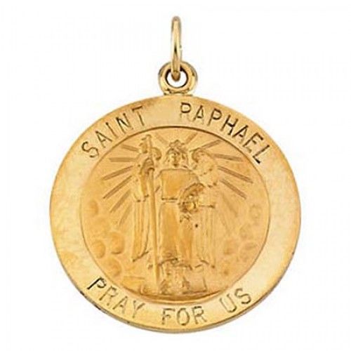 14k Yellow Gold ""Pray For Us"" Saint of the Blind St. Raphael Saint Medal