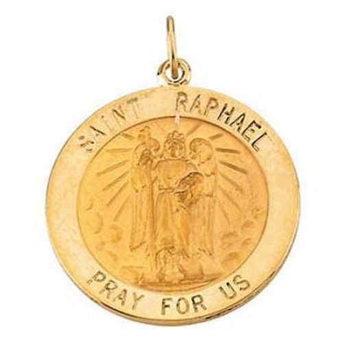 14k Yellow Gold ""Pray For Us"" Saint of Travelers St. Raphael Saint Pendant
