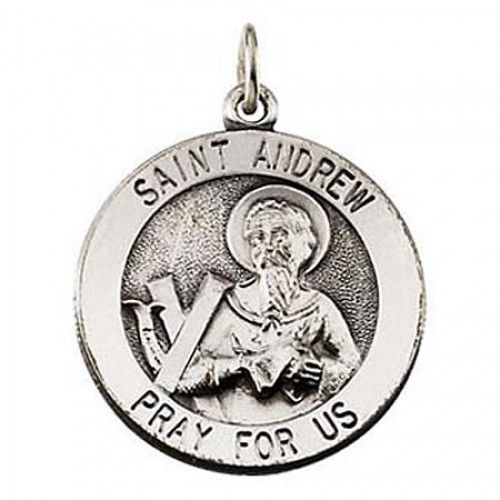 14k White Gold ""Pray For Us"" Saint of Schools St. Andrew Religious Pendant