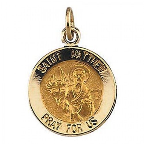 14k Yellow Gold ""Pray For Us"" Saint of Bankers St. Matthew Saint Pendant