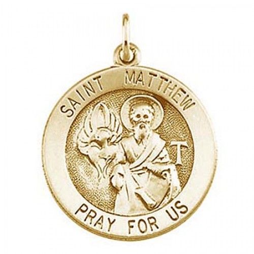 14k Yellow Gold ""Pray For Us"" Saint of Tax Gatherers St. Matthew Religious Medal