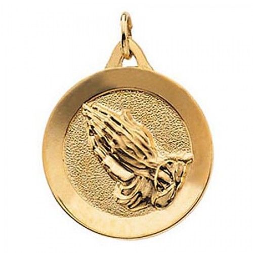 14k Yellow Gold Disc Religious Pendant Praying Hands
